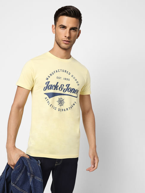 Light Yellow Logo Print Crew Neck T-shirt
