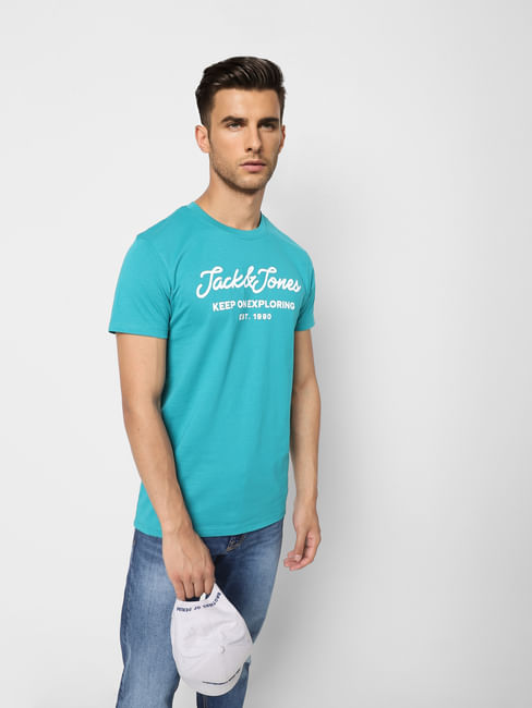 Turquoise Logo Print Crew Neck T-shirt