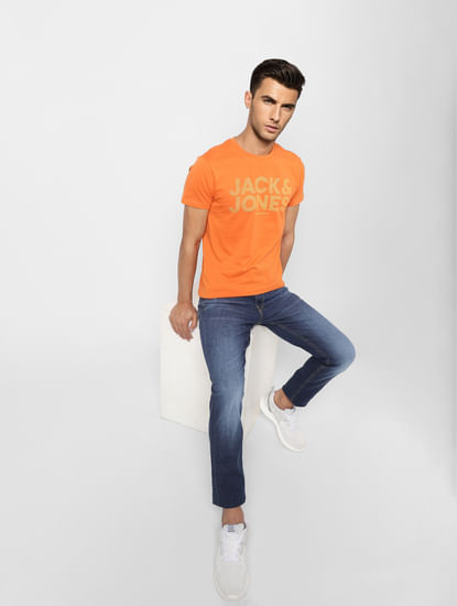 Orange Logo Print Crew Neck T-shirt