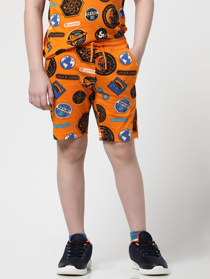 Boys Orange Printed Co-ord Set Shorts