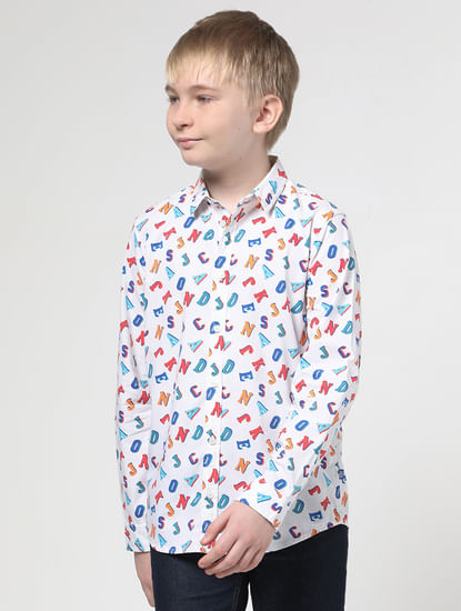 Boys White Logo Print Full Sleeves Shirt