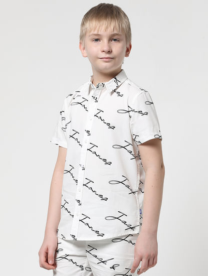 Boys White Logo Print Short Sleeves Shirt