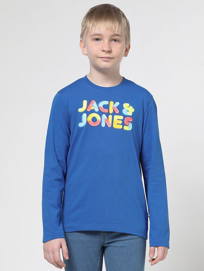 Boys Blue Logo Print Full Sleeves T-shirt