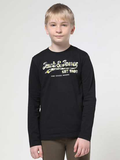 Boys Black Chest Branding Full Sleeves T-shirt