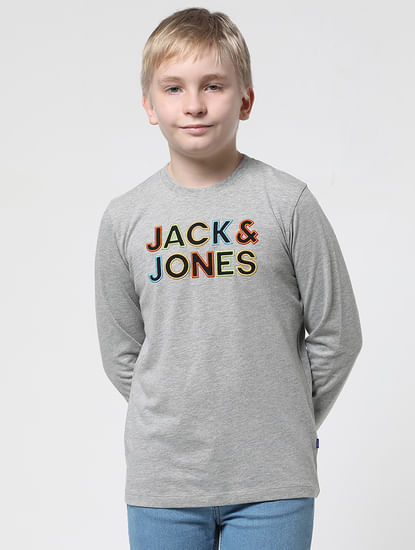 Boys Grey Logo Print Full Sleeves T-shirt