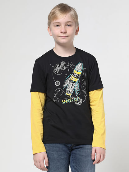 Boys Black Spaced-Out Crew Neck T-shirt