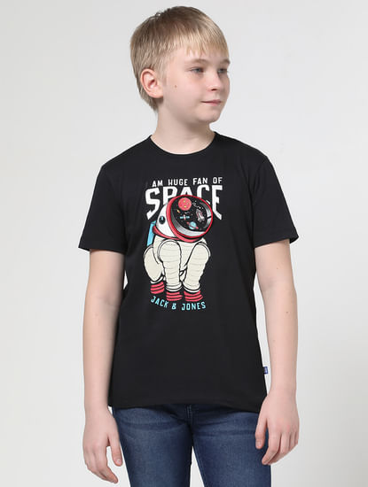 Boys Black Space Doggo Crew Neck T-shirt