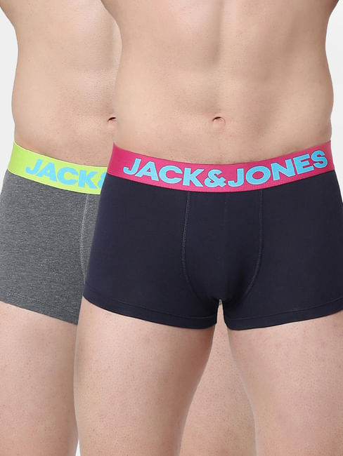 JACK&JONES Pack of 2 Navy Blue & Grey Logo Print Trunks