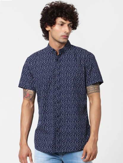 Navy Blue Geometric Print Short Sleeves Shirt