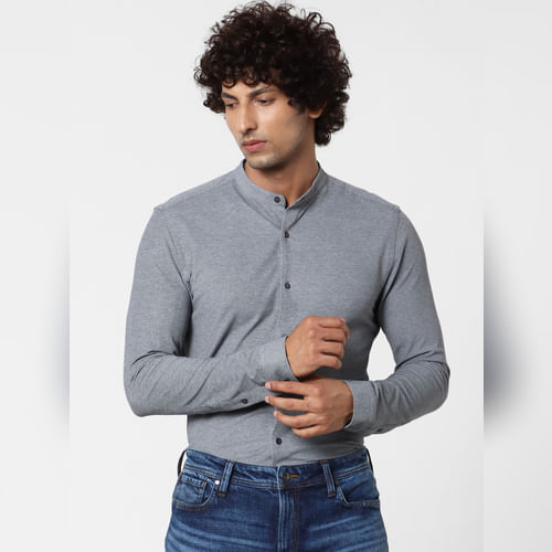 JACK&JONES Grey Mandarin Collar Full Sleeves Shirt