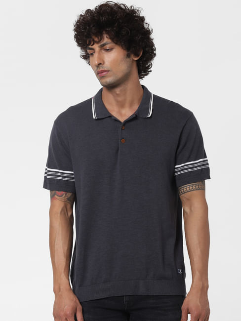 Grey Stripe Detail Polo Neck T-shirt 