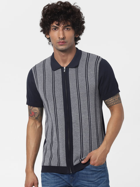 Blue Striped Zip Up Polo T-shirt