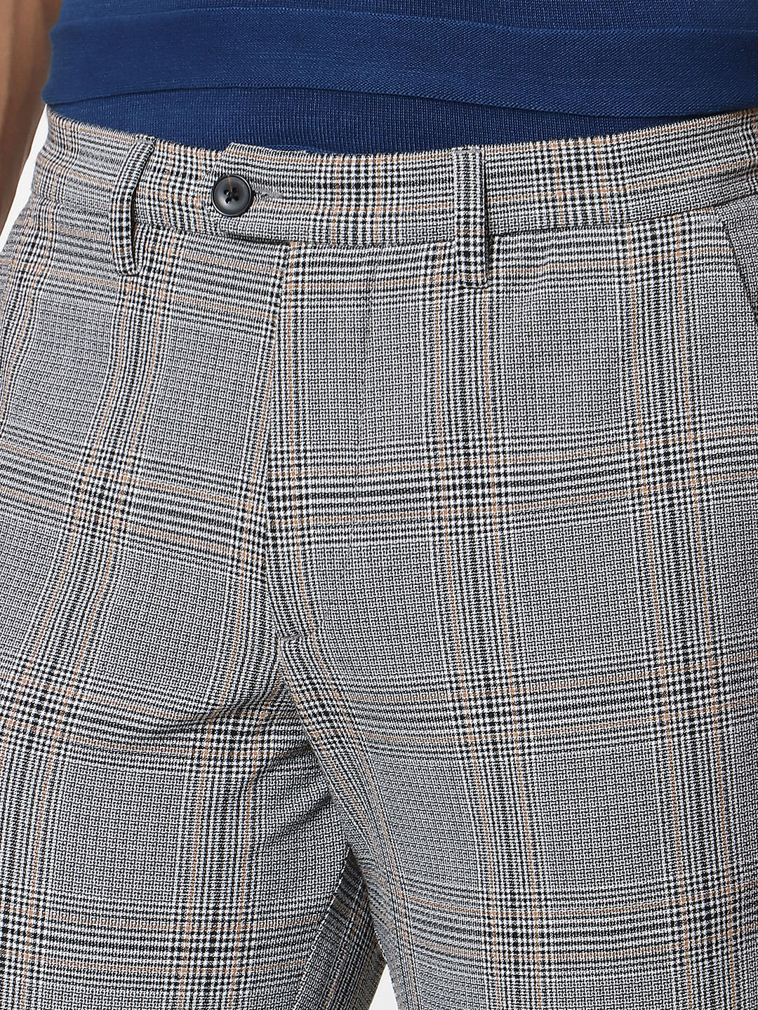 Mens Slim Fit Grey Cotton Checked Chinos