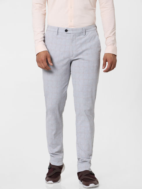 Grey Mid Rise Check Linen Pants