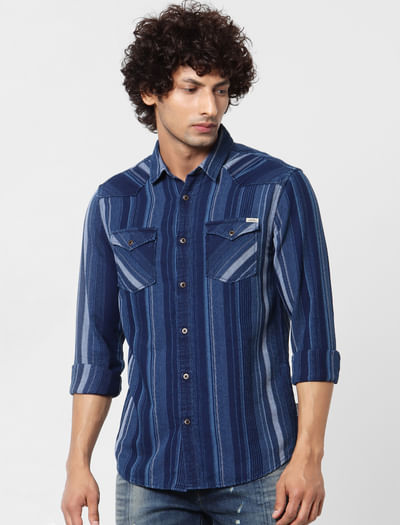 Blue Striped Full Sleeves Denim Shirt