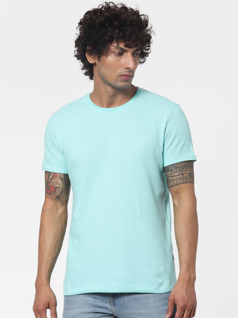 Green Textured Knit Crew Neck T-shirt