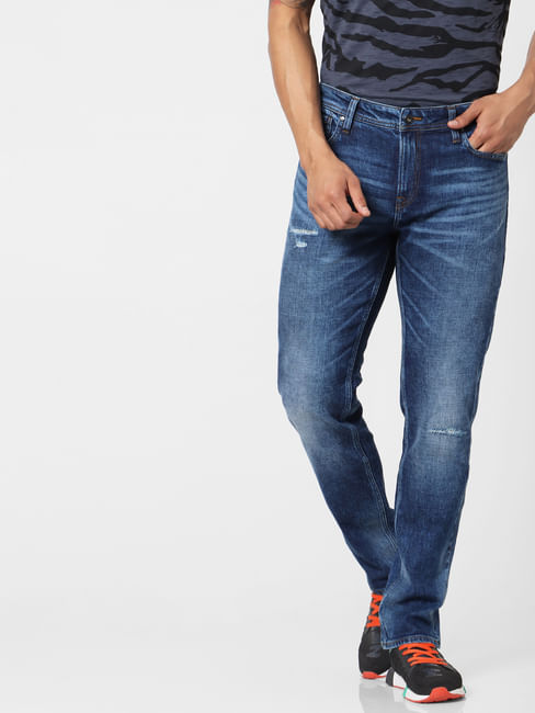Blue Mid Rise Tim Washed Slim Fit Jeans
