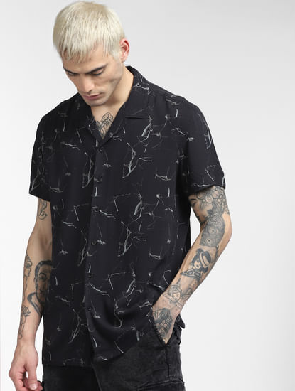 Black Abstract Print Half Sleeves Shirt