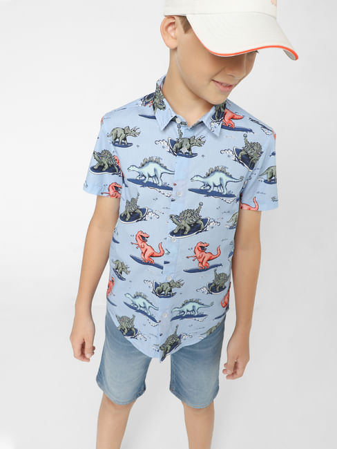 Boys Blue Dinosaur Print Short Sleeves Shirt