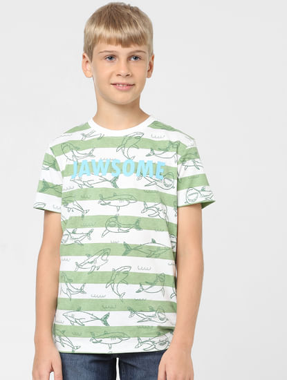 Boys Green Striped Crew Neck T-shirt