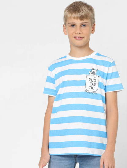 Boys Blue Striped Crew Neck T-shirt