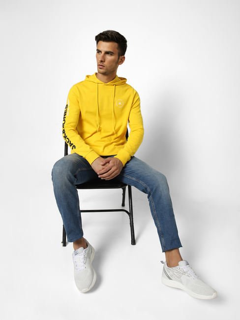 Yellow Logo Print Hooded Sweatshirt
