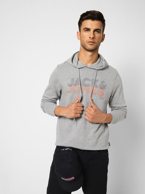 Grey Logo Print Hooded Sweatshirt