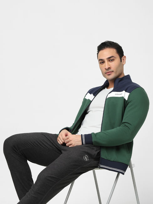Green Colourblocked Zip-Up Sweatshirt