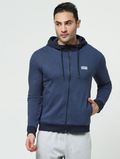 Blue Logo Print Hooded Sweatshirt