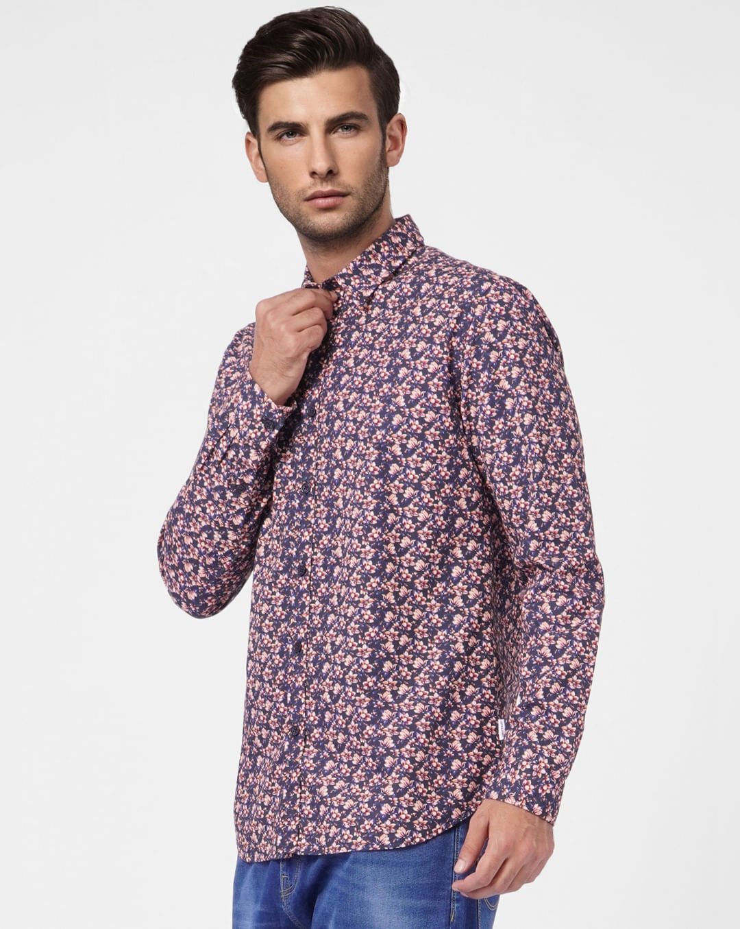 Buy Dark Blue Floral Print Full Sleeves Shirt for Men