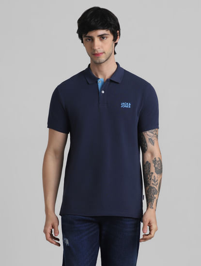 Dark Blue Logo Text Polo T-shirt