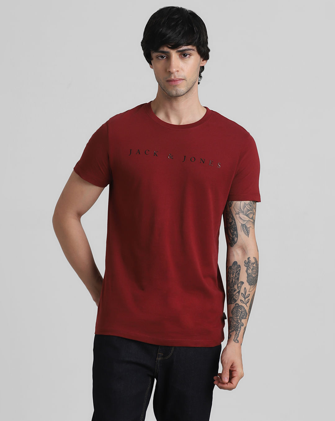 Dark Red Logo Text Crew Neck T-shirt