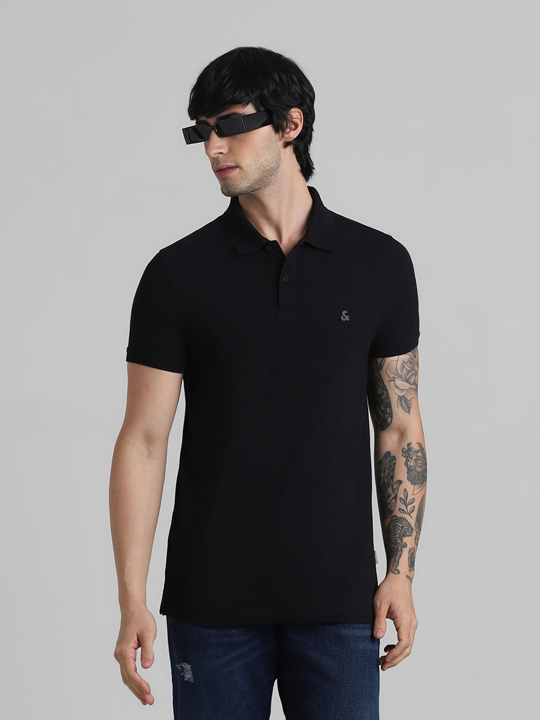 Black solid polo t shirt sale