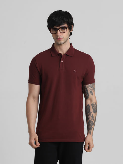 Maroon Solid Polo Neck T-shirt
