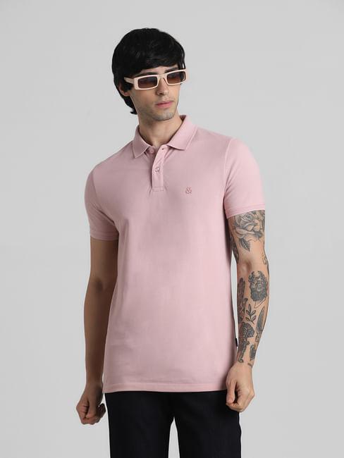 Light Pink Solid Polo Neck T-shirt