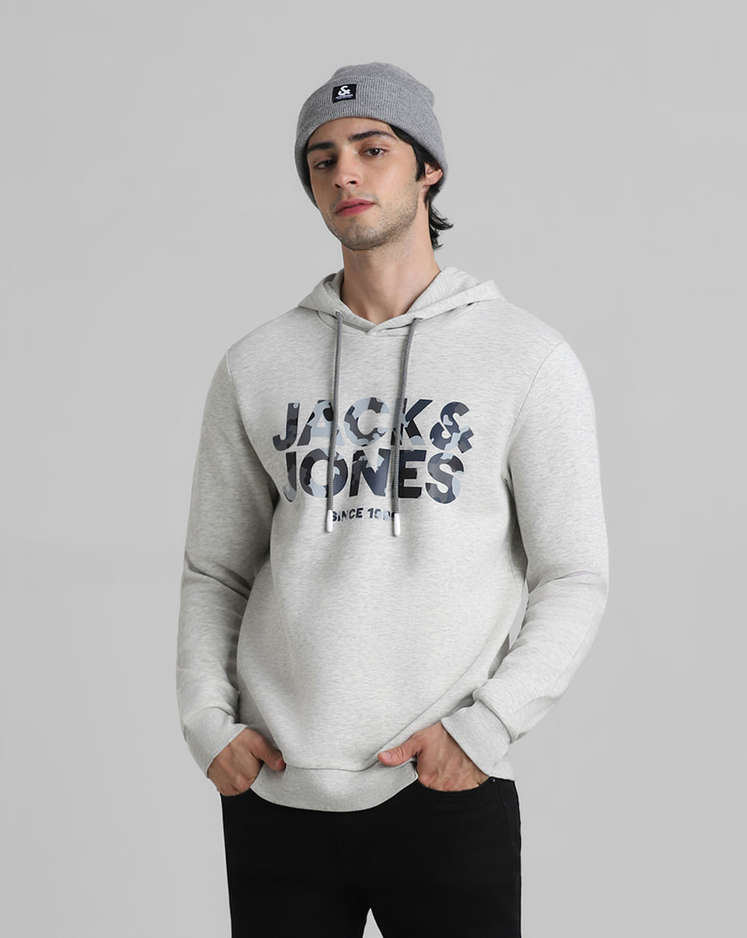 White Melange Hooded Sweatshirt For Men - JACK&JONES