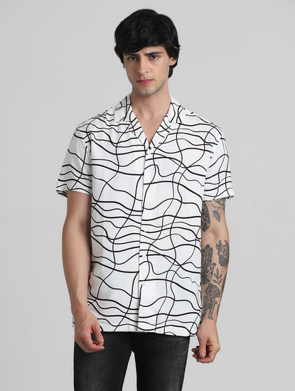 White Abstract Print Short Sleeves Shirt