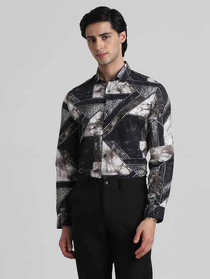 Black Geometric Print Full Sleeves Shirt