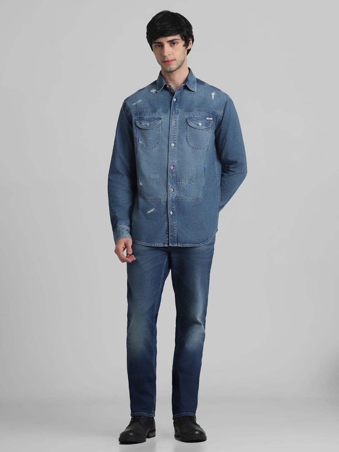 Wholesale Men's Ice Blue Distressed Denim Jacket Shirt – Tradyl