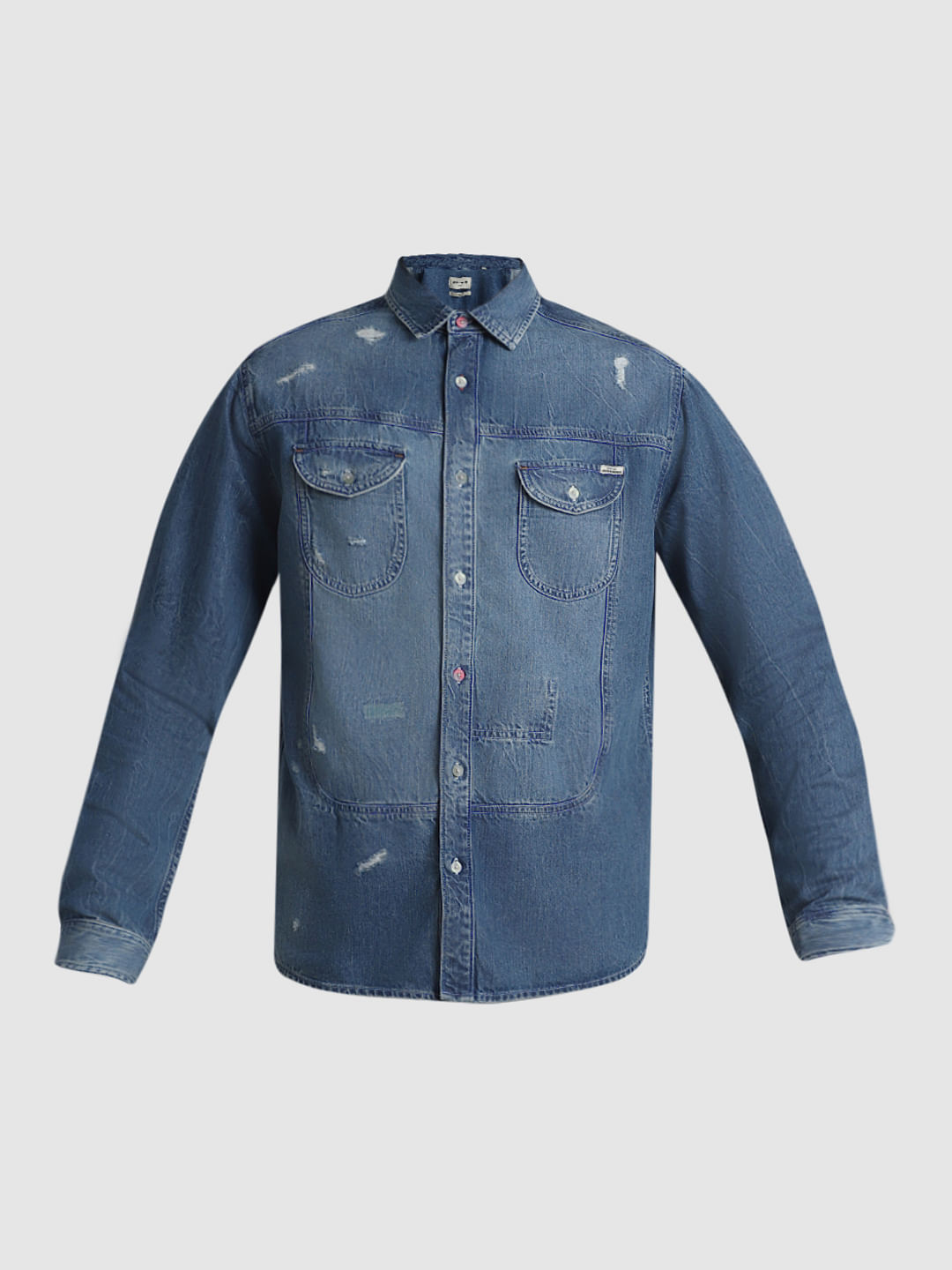 Shirt Collar Denim Top With Cutwork Embroidery | Etiquette Apparel