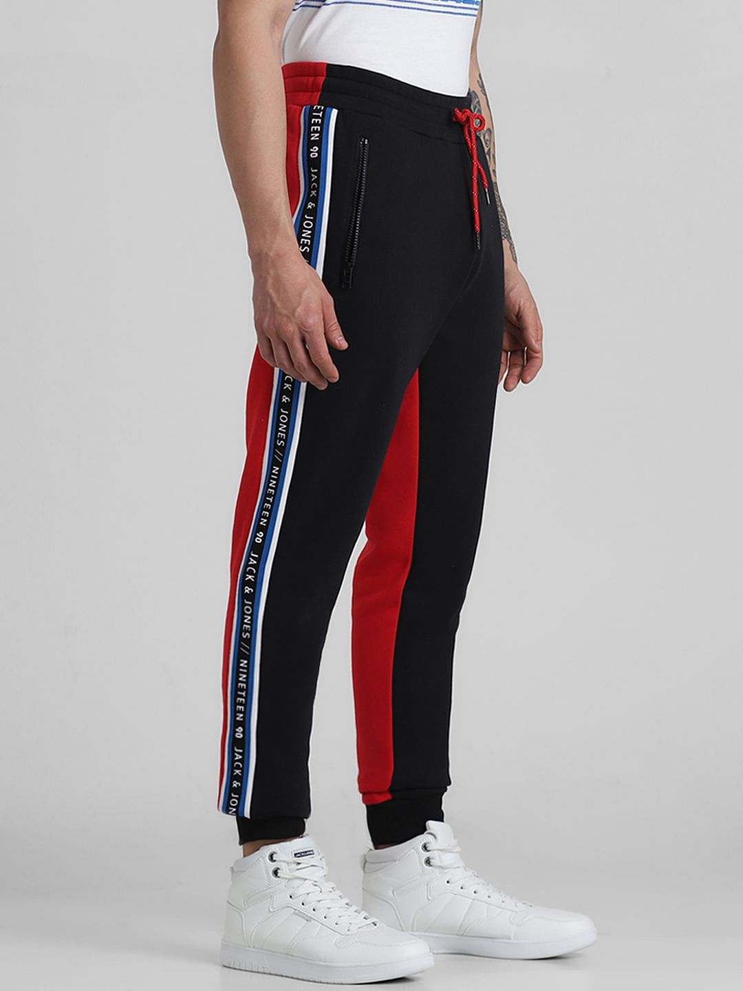 Black Red Mid Rise Colourblocked Sweatpants