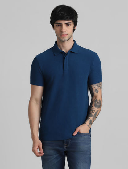 Blue Knitted Polo Neck T-shirt