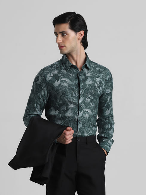 Green Floral Linen Full Sleeves Shirt