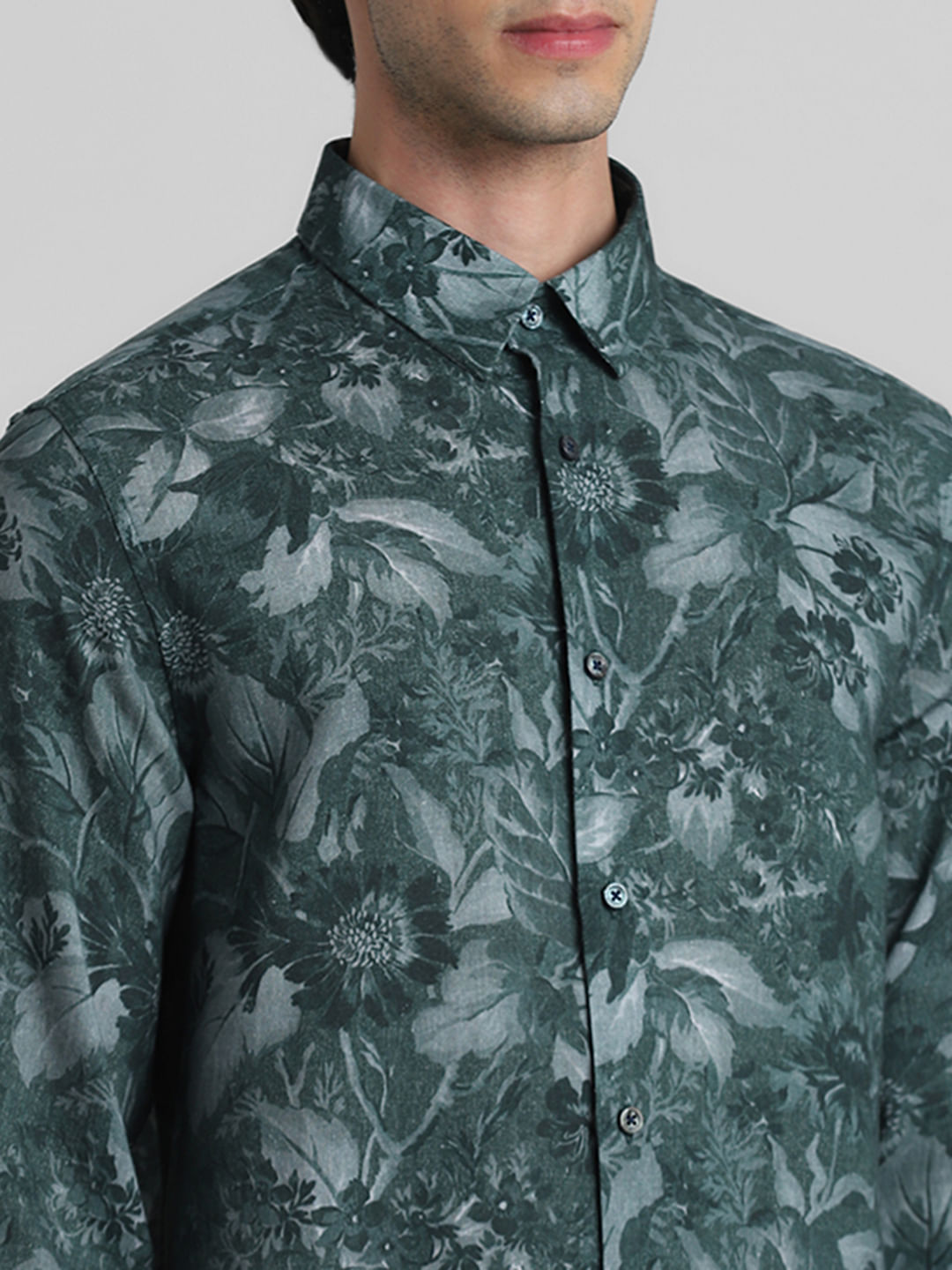 Green Floral Linen Full Sleeves Shirt|295072901-Kombu-Green