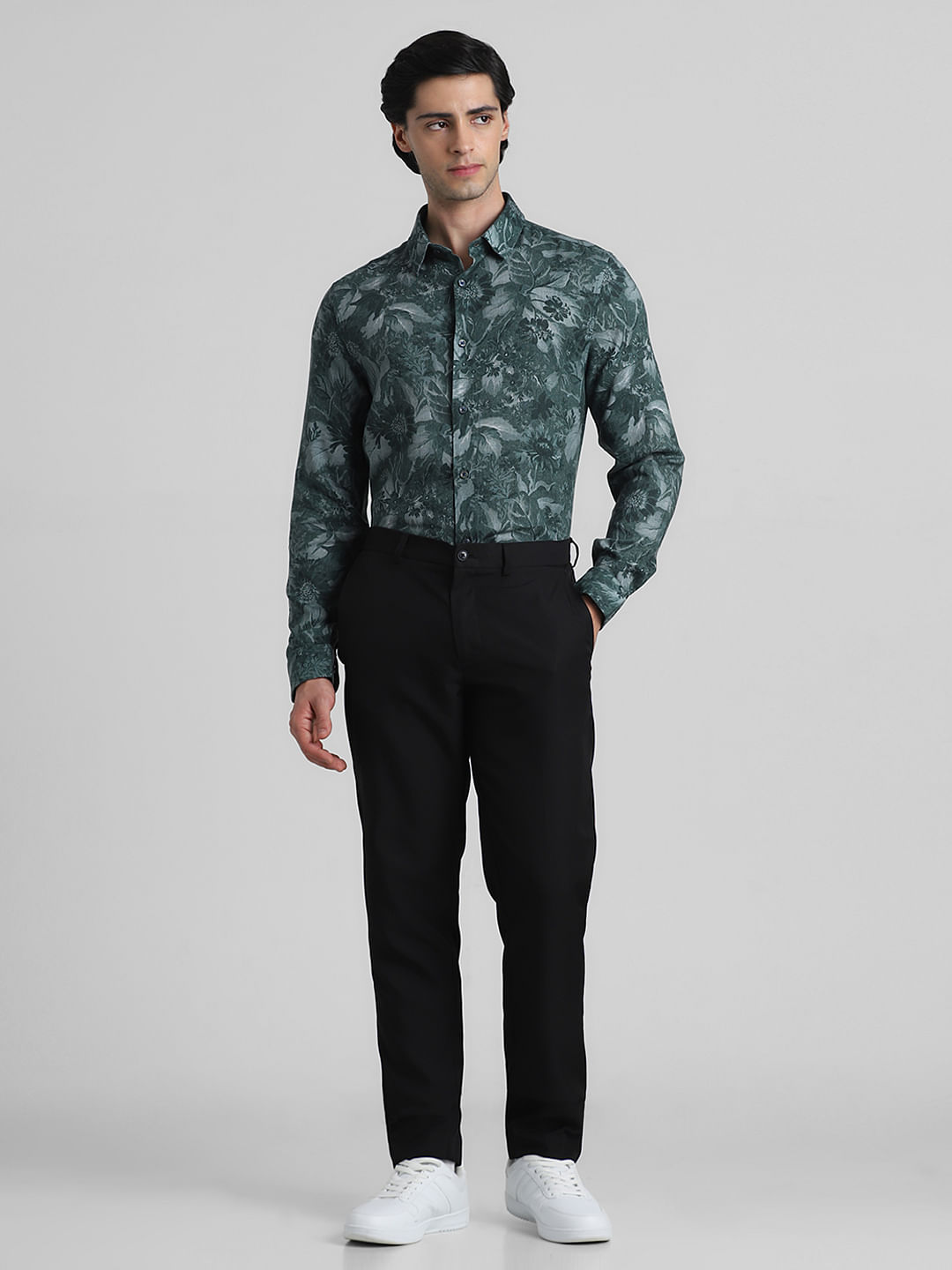 Green Floral Linen Full Sleeves Shirt|295072901-Kombu-Green