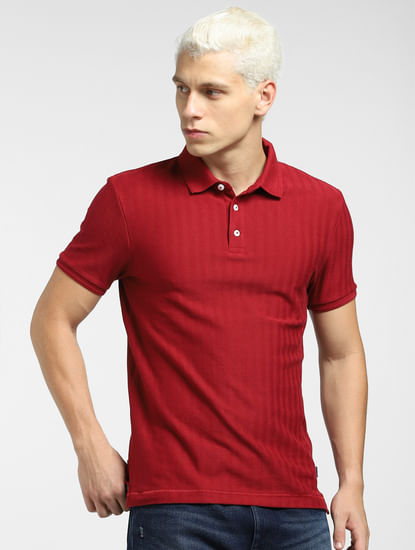 Red Textured Striped Polo T-shirt
