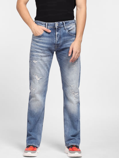 Blue Low Rise Distressed Ray Bootcut Jeans