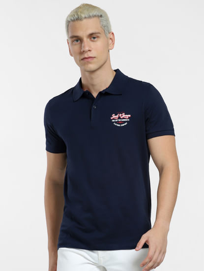 Navy Blue Logo Print Polo Neck T-shirt