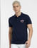 Navy Blue Logo Print Polo Neck T-shirt_403914+2