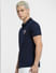 Navy Blue Logo Print Polo Neck T-shirt_403914+3